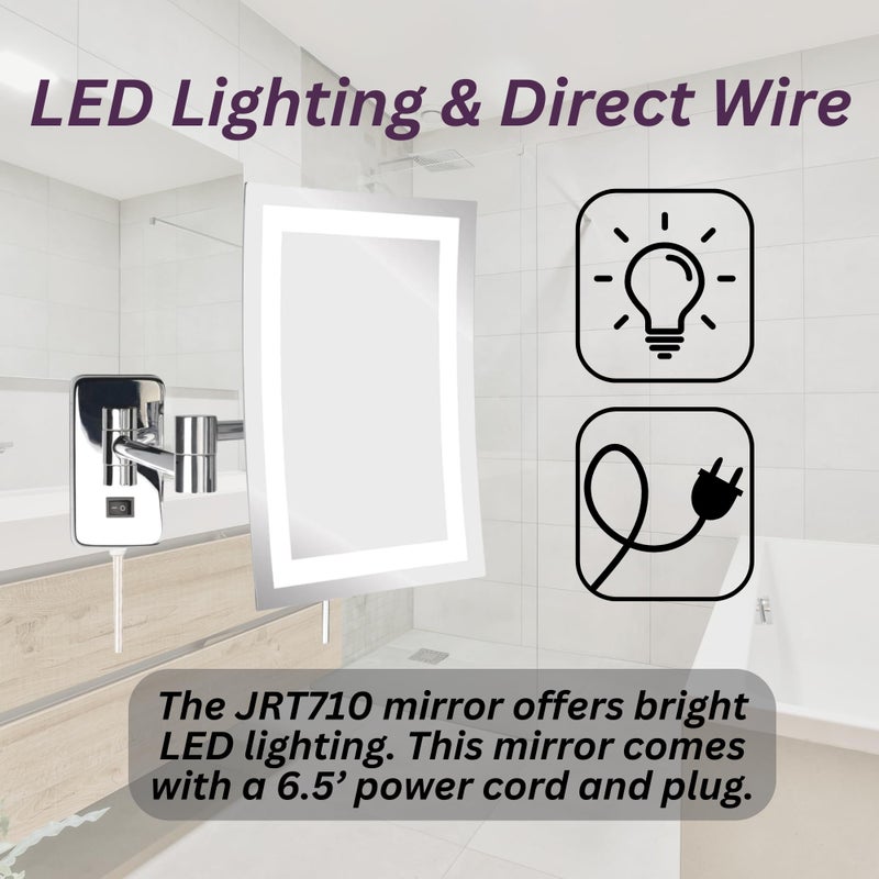 JERDON Rectangular Wall Mount Makeup Mirror - Lighted Makeup Mirror with 5X Magnification - Chrome Finish - Model JRT710CL - Image 5